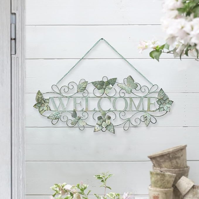 Queltharion Metal Welcome Wall Decor Rustic Farmhouse Distressed Flower and Butterfly Welcome Sign Hanging Decorative for Garden Porch Patio Yard Outdoor 23.5" L Green
