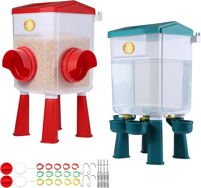 Chicken Feeder and Waterer Set - 2.1 Gal & 17.6 Lbs Automatic Gravity Poultry Kit - No Waste Port Feeder, Leak Proof Hanging Waterer w/Adjustable Legs for Chicks Hens