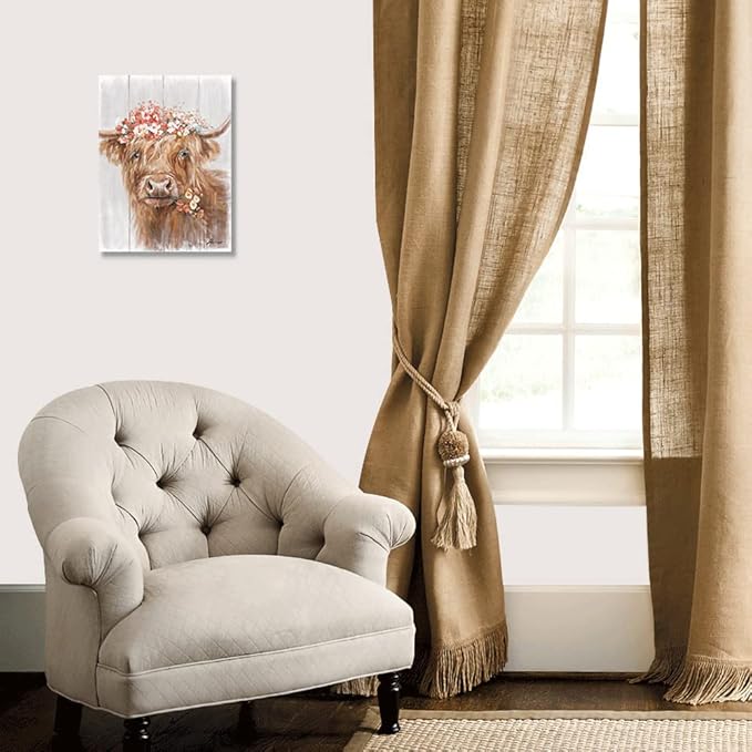 Highland Cow Canvas Farmhouse Decor: Funny Cow Wall Art with Flowers Staring at You Rustic Farm Wood Planks Unique Cattle Posters for Bathroom Framed Size 12"x15"