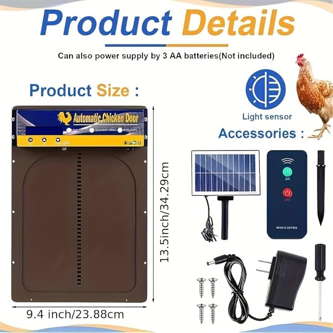 Automatic Chicken Coop Door Solar Powered, IP65 Waterproof Aluminum Auto Chicken Door with Timer Light Sensor Remote Control, Anti-Pinch Protection, LCD Display, 3 Power Modes for Poultry Duck Goose