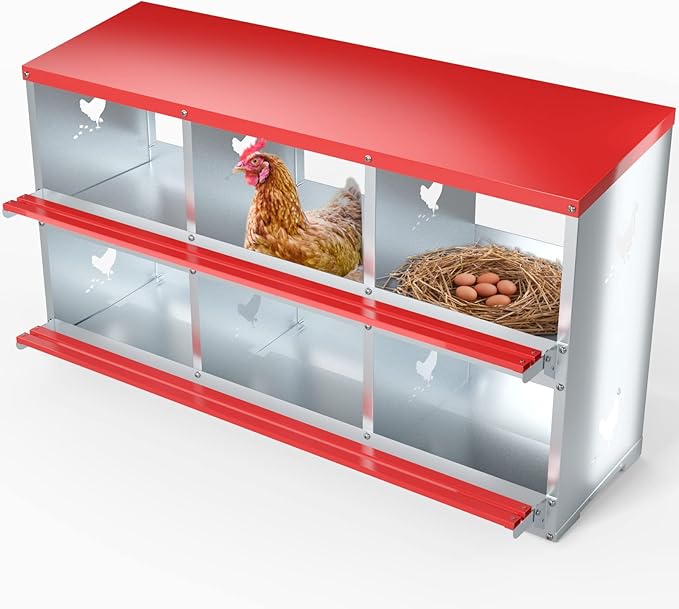 Chicken Nesting Boxes - 6 Compartment Metal Poultry Nest Box Wall Mount for Chickens, Hens, Ducks - Easy Egg Collection - Large Vented Holes Chicken Coop Equipment (6 Compartment)