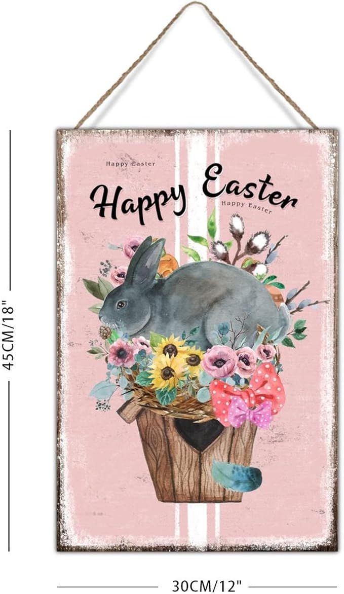 Wood Art Plaque Happy Easter Flower Basket Bunny Sign French Style Floral Pink Stripes Wood Home Sign Plaques Bunny Rabbit Happy Easter Wood Wall Art Sign for Bedroom 12x18in
