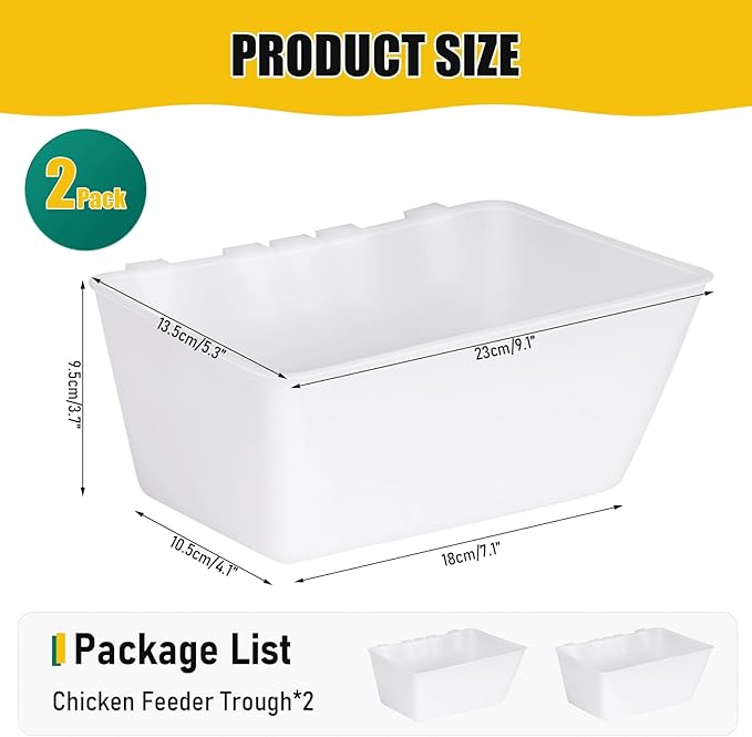 2 Pack Chicken Feeder Waterer,2.5 Quart Hanging Chicken Feeder Trough with Hooks Versatile Feeding Container for Chicken Duck Goose Rabbit Duck Feeder Poultry and Livestock Water Trough（White）