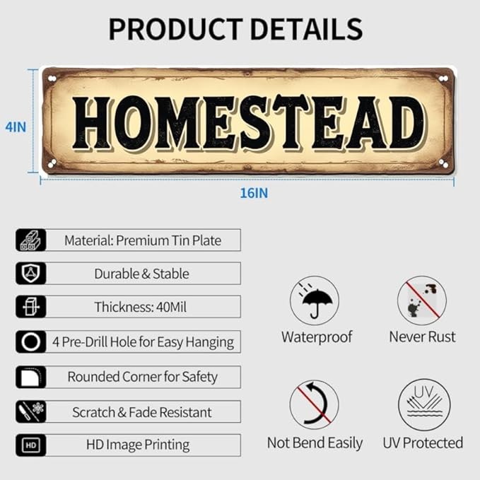 Decorative Tin Signs 16 * 4 Inches "Homestead" Ideal for Farm, Backyard, Living Room Vintage Garden Decor, Outdoor Signs, Farmhouse Sign