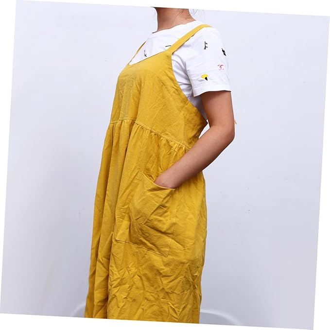 Ciieeo Cotton Linen Tall Waist Apron and Oilproof Kitchen Apron for Cooking and Gardening Stylish Yellow Design for Home and Flower Shop Use
