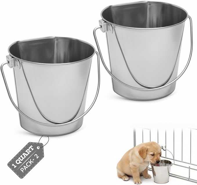Flat Sided Stainless Steel Bucket 1 Quart Hanging Feeding Pail for Small Dogs Cats Birds, Fits Kennel Cages Compatible, Heavy Duty Food and Water Feeder, 0.25 Gallon Silver Buckets 2 Pack