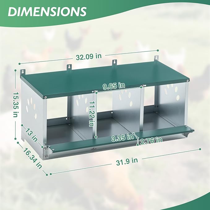 EAGLE PEAK 3-Hole Wall Mounted Chicken Nesting Box, Roll Away Hen Laying Box with Sloped Roof & Easy Clean Tray, Galvanized Steel for Backyard Chicken Coops (Green)
