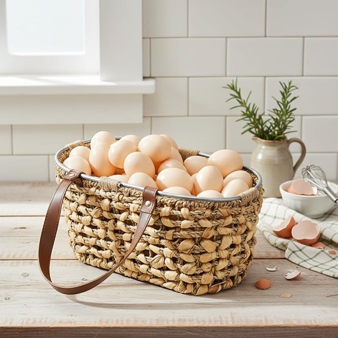 Goaste Egg Collecting Basket with Handle, 13 Inch Chicken Egg Storage Baskets, Handwoven Eggs Container for Gathering Fresh Eggs, Vintage Countertop Fruit Holder for Harvest, Kitchen, Living Room