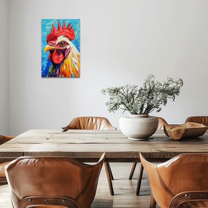 ZQQART Rooster Canvas Wall Art Funny Chicken Portrait Picture Prints Rustic Animal Painting Artwork Farmhouse Kitchen Decor Framed(Red,24.00" x 36.00")