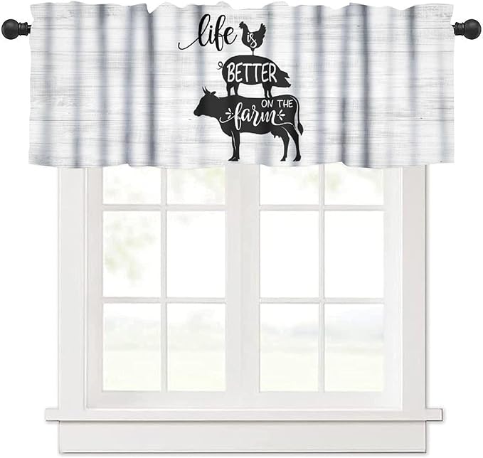 Farm Animals Valance Curtains White Rustic Retro Wooden Board Black Silhouette Cow Pig Rooster Art Print Rod Pocket Curtain Valance for Kitchen Bedroom Living Room Decor 1 Panel W54xL18 Inch