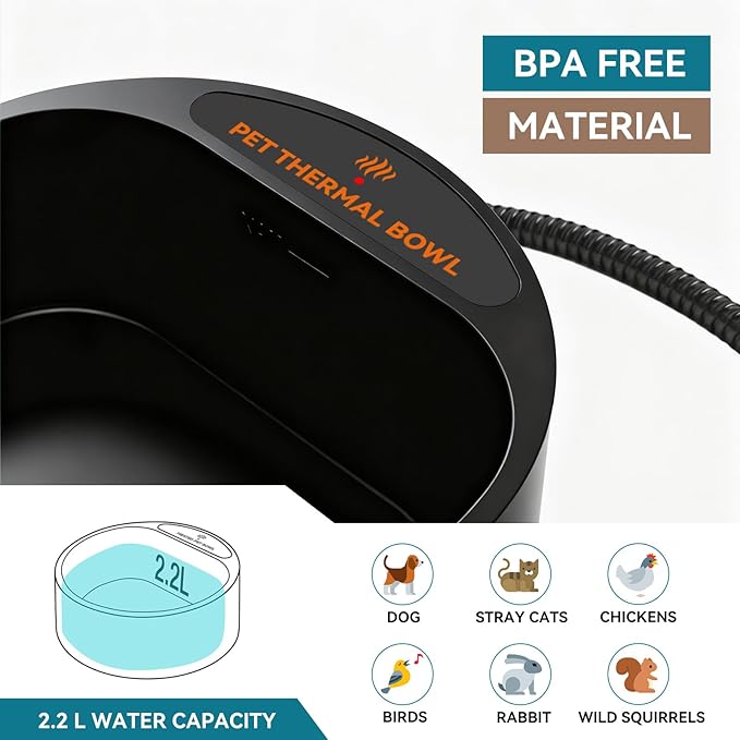 Dog Heated Water Bowl for Outdoor No Freeze Water Bowl with Chew Resistant Cord, 2.2L, Black