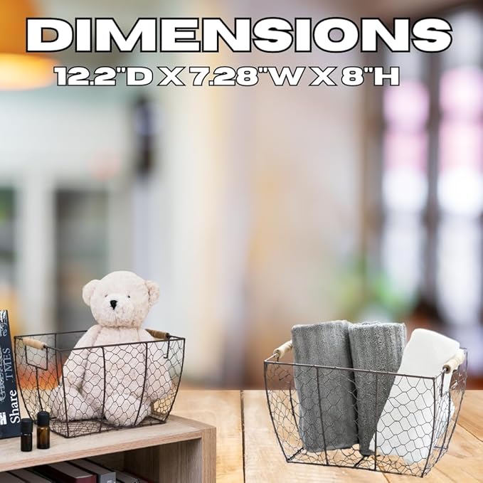 SEDLAV Rustic Farmhouse Brown Wire Basket with Wooden Handles - Vintage Chicken Wire Storage, Kitchen Organizer, Decorative Handwoven Bin for Eggs, Country Style Home Decor