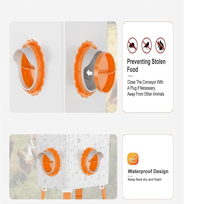 DIY Chicken Feeders No Waste, Automatic Poultry Feeder 6 Ports 1 Hole Saw with Covers Gravity Feed Kits for Buckets Barrels Bins Troughs （Orange）