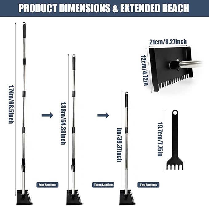 Chicken Coop Droppings Board Scraper Tool with Hand Scraper 68.5" Long Handle Chicken Coop Poop Scoop with Telescopic Pole, Dual-Sided Iron Rake & Flat Scraper, Essential Poultry Accessories
