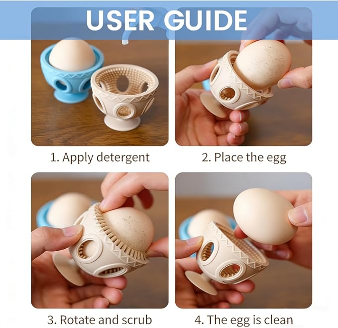 2 PCS Cleaner Brush for Fresh Eggs – Silicone Egg Washer Scrubber,Reusable Multipurpose Egg Washing Tool for Fruits & Vegetables,Suction Cup Base,Organic Egg Cleaner & Produce Brush(Beige+ Blue)