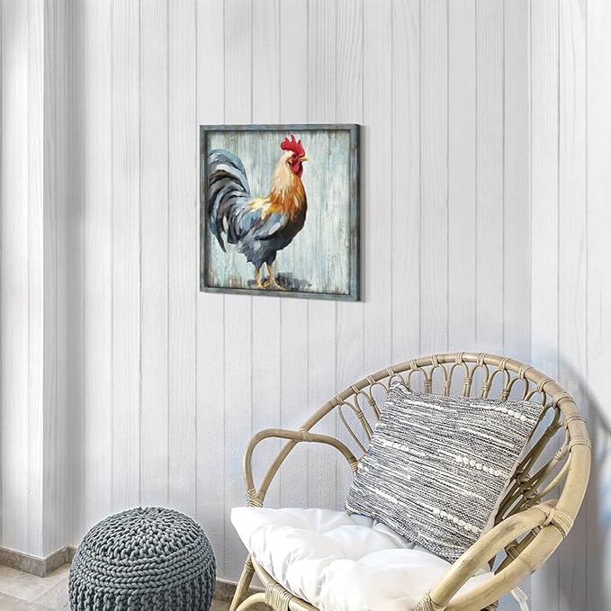 Rooster Wooden Wall Art Decor: Farm Cock Picture Country Animal Framed Artwork Rustic Farmhouse Chicken Painting is the Perfect Combination of Energy Nature for the Kitchen Bedroom 12"x12"