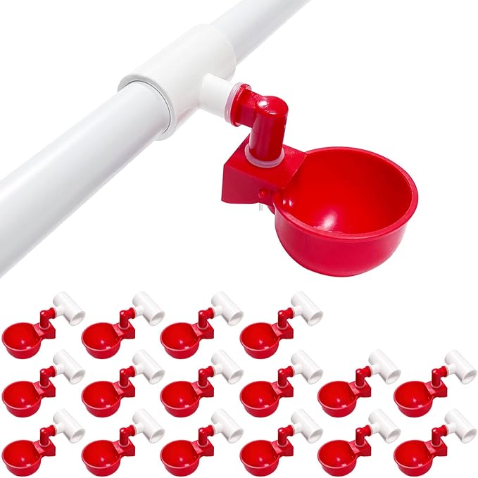Chicken Water Cups for PVC with Tee (16 Pack), Automatic Chicken Waterer Kit for Poultry, DIY PVC Water Feeder for Chicken/Duck/Quail/Turkey