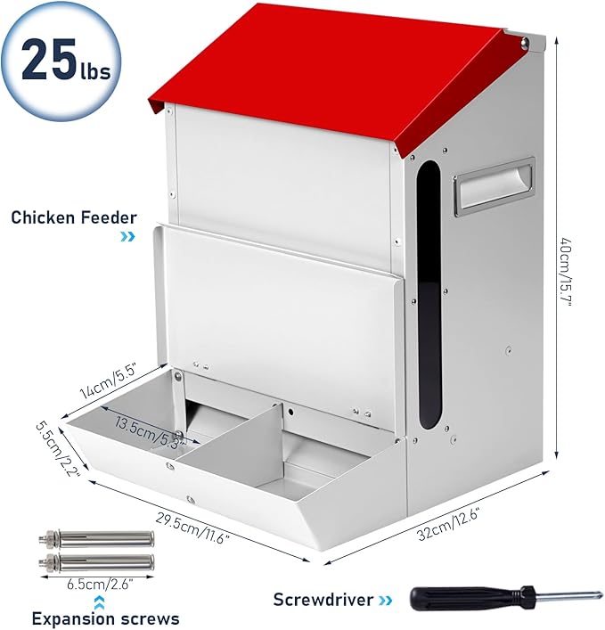Automatic Chicken Feeder 25lb,Outdoor Galvanized Metal Poultry Feeder No Waste Rat Proof Feeder Trough with Lid Hanging Chicken Feeder Dispenser for Quails,Bantams, Ducks and Turkey
