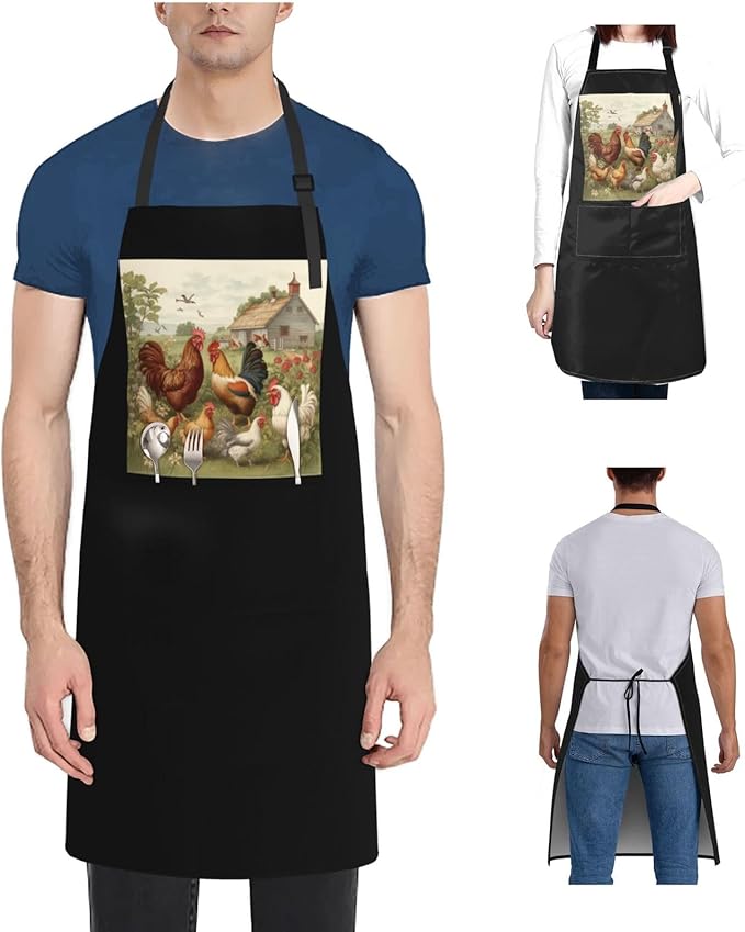 Chickens and Farm Aprons for Women with 2 Pockets, Kitchen Cooking Apron for Men, Water and Oil Resistant, Adjustable Bib Apron Extra Long Work Aprons for Dishwashing, Dog Grooming