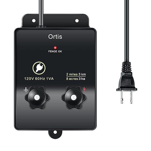 Electric Fence Energizer, Ortis 2-Mile/ 8 Acres Electric Fence Controller for Dogs, Livestock, Squirrels, Used for Gardens, Chicken Coops, 0.1 Joule