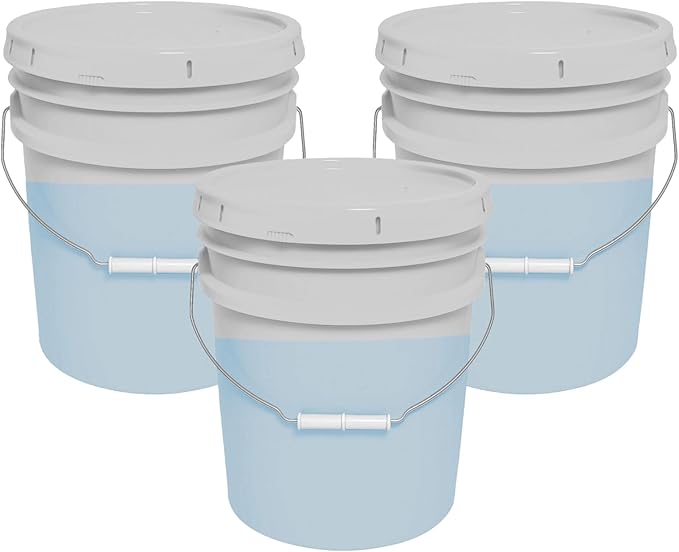 5-Gallon Bucket with Airtight Lid – Made in USA, Food Grade BPA Free Plastic, Heavy Duty Multi-Use, Metal Handle with Grip, Stackable Storage – Natural, 3 Pack