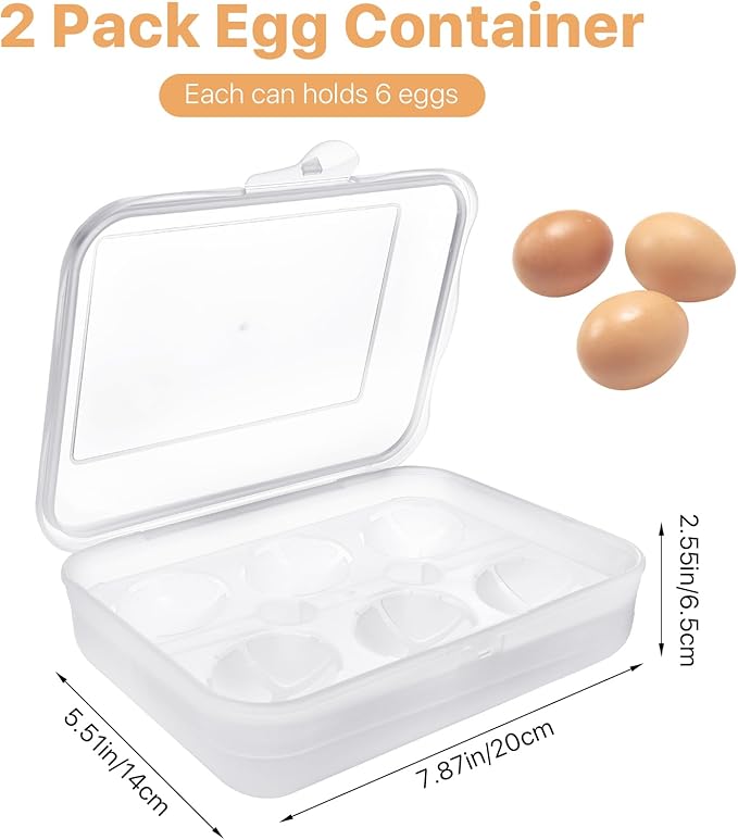 2 Pack Egg Container for Refrigerator, Shockproof 6 Grid Egg Storage Box Plastic Crisper Egg Holder for Countertop, Portable Egg Carriage for Outdoor Camping Picnic