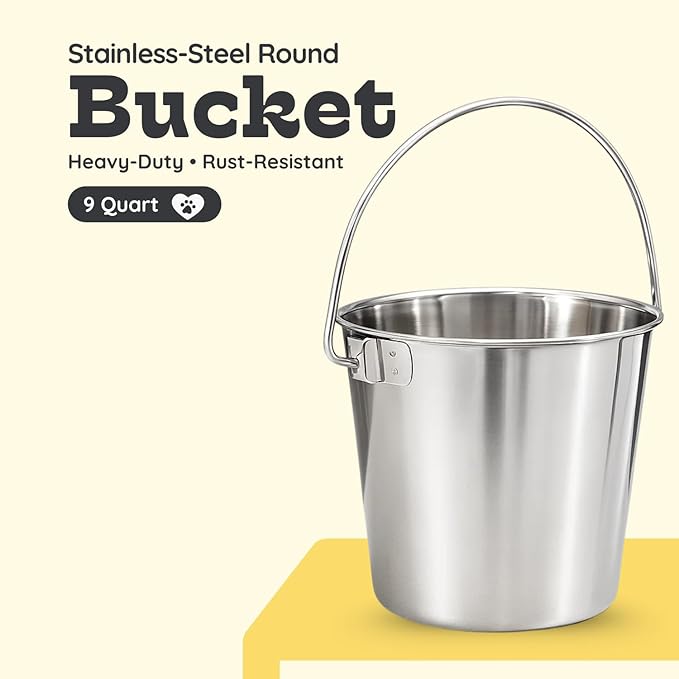 9 quart Heavy Duty Stainless Steel Round Bucket with Handle | 2.25 gal Sturdy Food & Water Bowl for XL Dog Goat sheep Horse & Livestock | Fits kennel Crate Farm | Hanging Utility Pet Pail