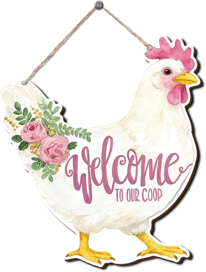Farmhouse Chicken Coop Decor, Floral Hen Welcome Sign, Watercolor Painting Style Wood Hanging Plaque, Rustic Farmhouse Wall Art for Kitchen Dining Room Porch or Coop Door, 11.2x9.8 Inches