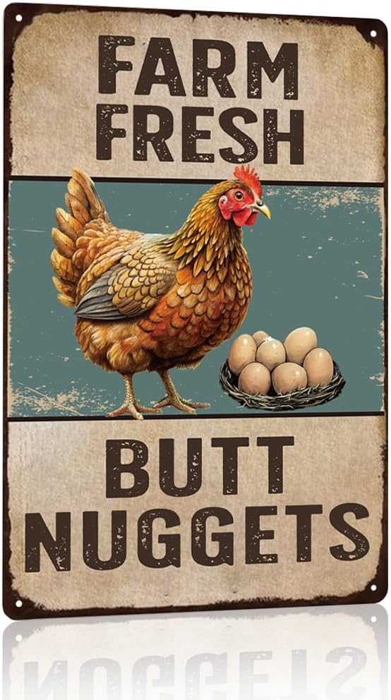 Vintage Metal Signs Chicken Coop Signs for Farmyard Decor, Farm Tin Signs for Home Kitchen Outdoor Decor, Chicken Decor for Country Cottage, Fresh Butt Nuggets 8×12, Chicken Egg Sale Outdoor Décor
