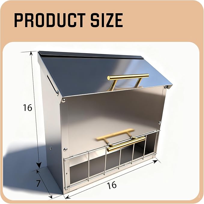 Stainless Steel Poultry Feeder 20Lbs - Manual Feed Quantity Control & Wall Mount Gravity Feeder with Push Pull Lid - Food Dispenser for Chickens Ducks Geese