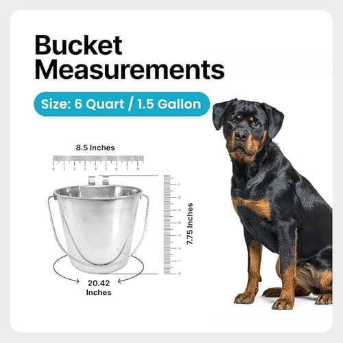 1.5 Gallon Stainless Steel Bucket - Heavy Duty Flat-Side Metal Bucket for Pets & Livestock Feeding - Rust Resistant Water Bucket with Hooks for Kennels, Cages, Crates & Fences - 6 Quart