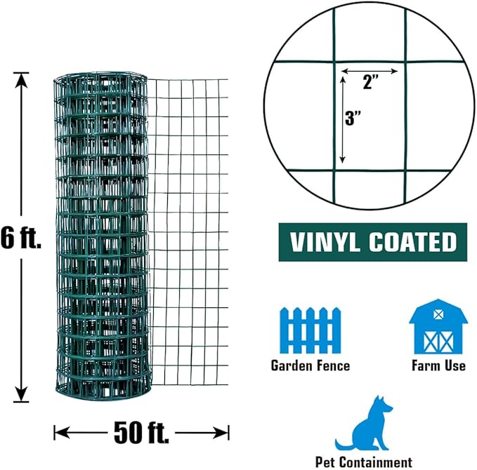 Fencer Wire 16 Gauge Green Vinyl Coated Welded Wire Mesh, 2-Inch x 3-Inch Grid Hardware Cloth for Home and Garden, Great for Home Improvement and Home Guard Project