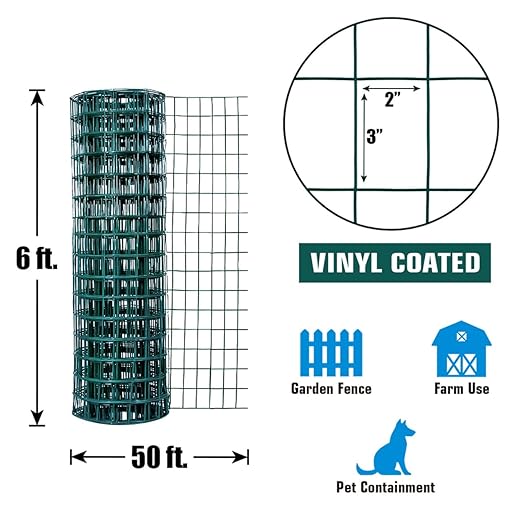 Fencer Wire 16 Gauge Green Vinyl Coated Welded Wire Mesh Size 2 inch X 3 inch, Green, 6 ft x50 feet