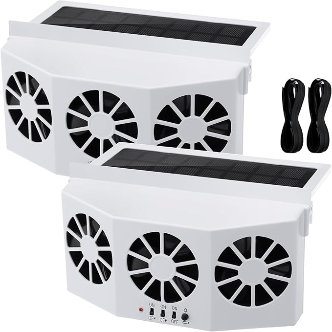 2 Pack Solar Powered Car Exhaust Fan 3 Fans Car Window 4500 RPM Air Vent Radiator Solar Energy Cooling Vent Exhaust for General Types(Solar 3 Fans,White)
