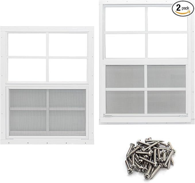 NeatiEase 2 Pack Shed Window, 18" x 23" Flush Mount Window with Tempered Glass and Fiberglass Screen for Shed, Chicken Coop, Playhouse, Household, Garage