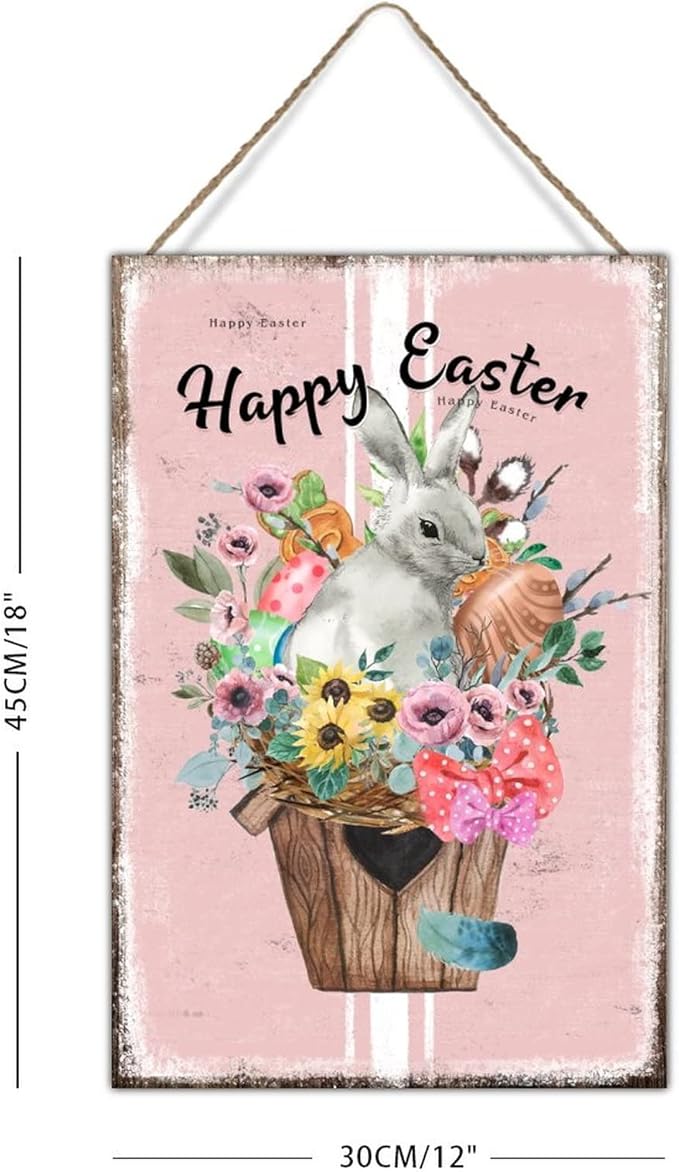 Wood Plaque Art Sign French Style Floral Pink Stripes Sign Happy Easter Flower Basket Bunny Wood Hanging Signs Farmhouse Easter Decor Happy Spring Hanging Sign 12x18in