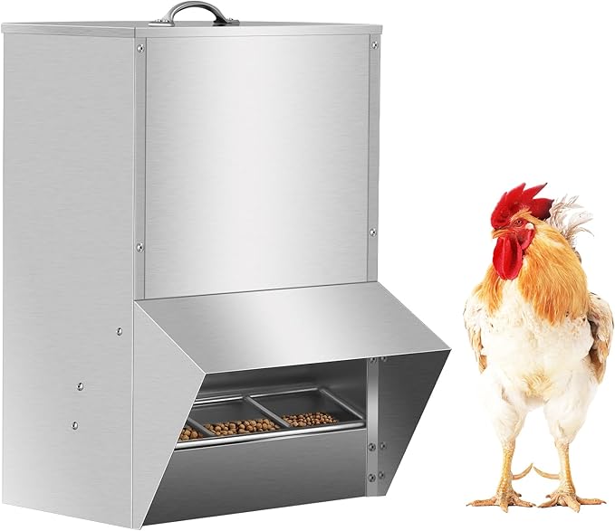 Galvanized Chicken Feeder, 30lbs Capacity Weatherproof Steel Poultry Feeders No Waste, Rat Proof Hanging Chicken Feeder with Lid, Outdoor Coop Food Dispenser for Chicken and Rabbits