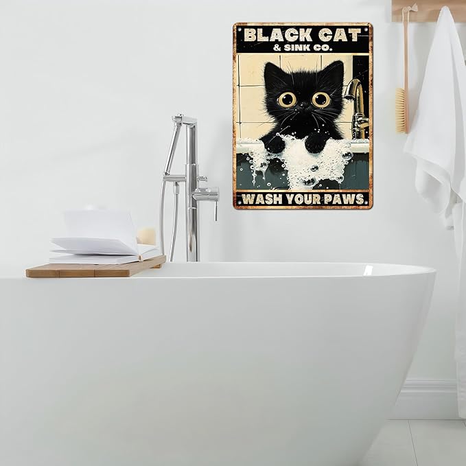 Vintage Black Cat Tin Sign Wash Your Paws Retro Wall Decor Decorations for Home Funny Cats Lovers Poster Indoor Store Cafe Toilet Bathroom Restroom Bar Pubs Farmhouse Farm Shop 12 * 16inch