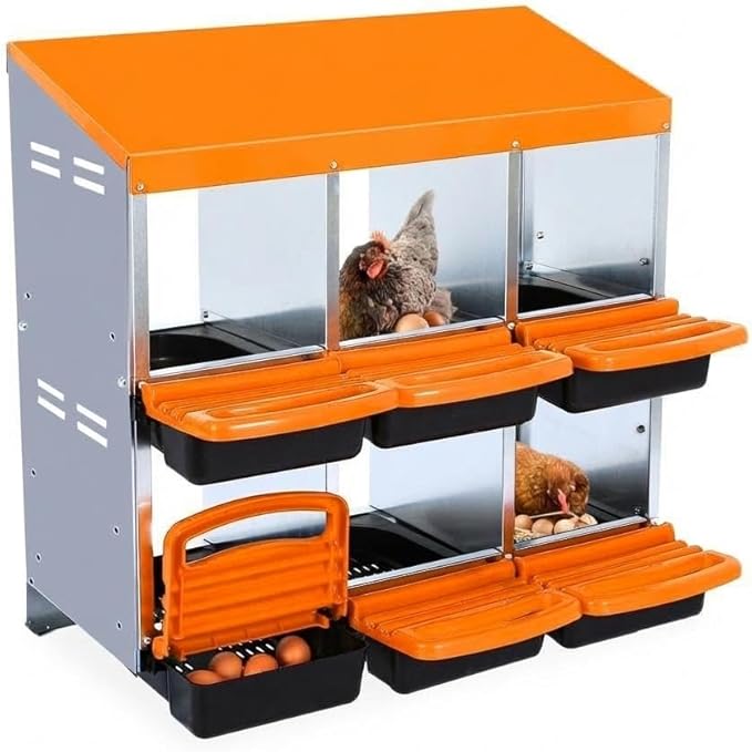 Chicken Nesting Box,Chicken Laying Boxes with 3 Compartment Metal Stainless Steel,Chickens Egg Laying Nest Boxes with Rollout Egg Collection,Chicken Brooder Box with Perch, Orange