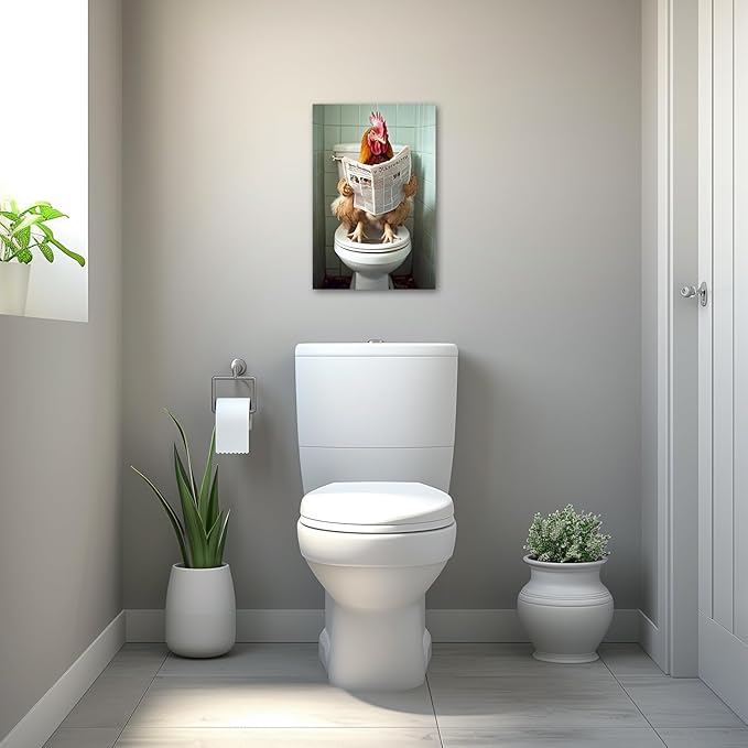 AWPANERAR Rooster Bathroom Wall Art Funny Chicken on Toilet Painting Rustic Farmhouse Animals Reading Newspaper Picture for Restroom Decor Framed (36L x 24W)