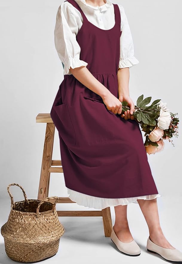 NEWGEM Cotton Linen Cross Back Apron for Women with Pockets Cute Kitchen Cooking Painting Aprons Purplish Red