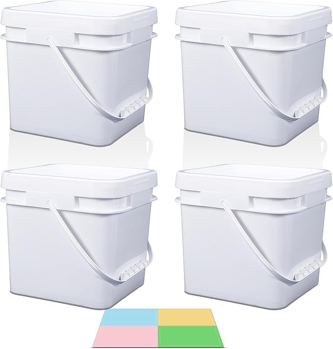 Bucket with Lid - 4 Packs Square White Plastic Storage Containers, Food Safe with Handle, Airtight Pressure Lids for Kitchen & Home (White, 1 gal)