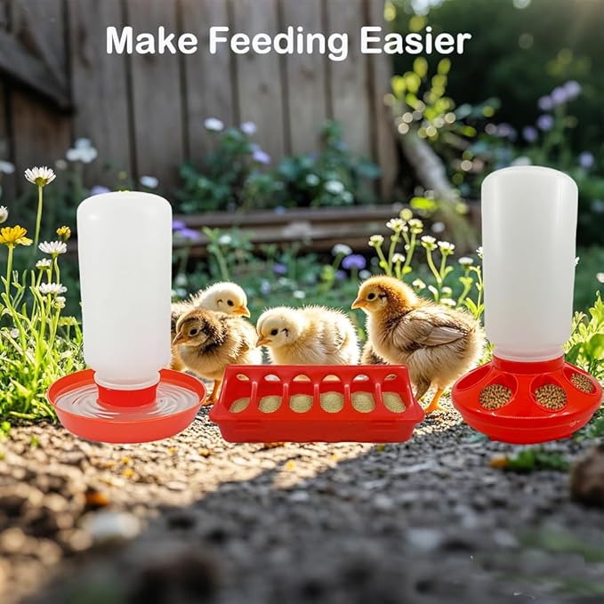 7 Pack Chick Feeder and Waterer Kit No Waste with Chick Perch Flip Top Small Poultry Feeder Trough Quail Feeding Supplies Baby Chick Starter Kit for Chicken Coop Brooder Duck Quail Gravity