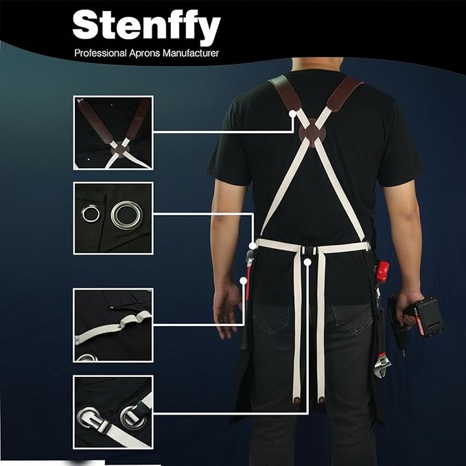 Woodworking Apron, Tool Apron, Canvas, Multiple Pockets, Adjustable Zipper, Metal Ring, Tape Measure Clip, Plus Size, Black.