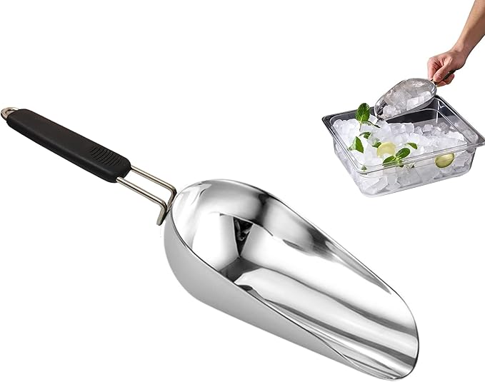Stainless Steel 6 Ounce Ice Scoop With Good Grip Handle - Kitchen, Freezer, Dog Food, Popcorn Scoop - Dishwasher Safe