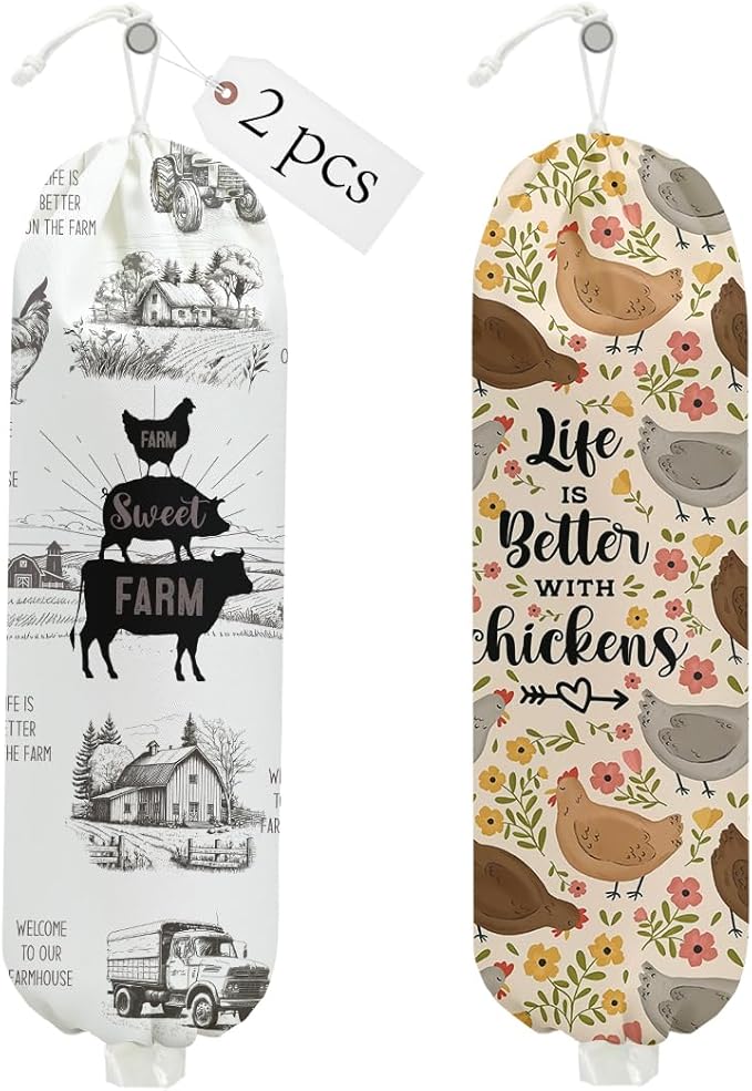 2PCS Farm Animals Plastic Bag Holder, Wall Mount Grocery Bag Holder Plastic Storage bag, Chicken Pig Decor Storage Organizer Grocery Bags with Drawstring, Chicken Gifts for Women Mom Grandma