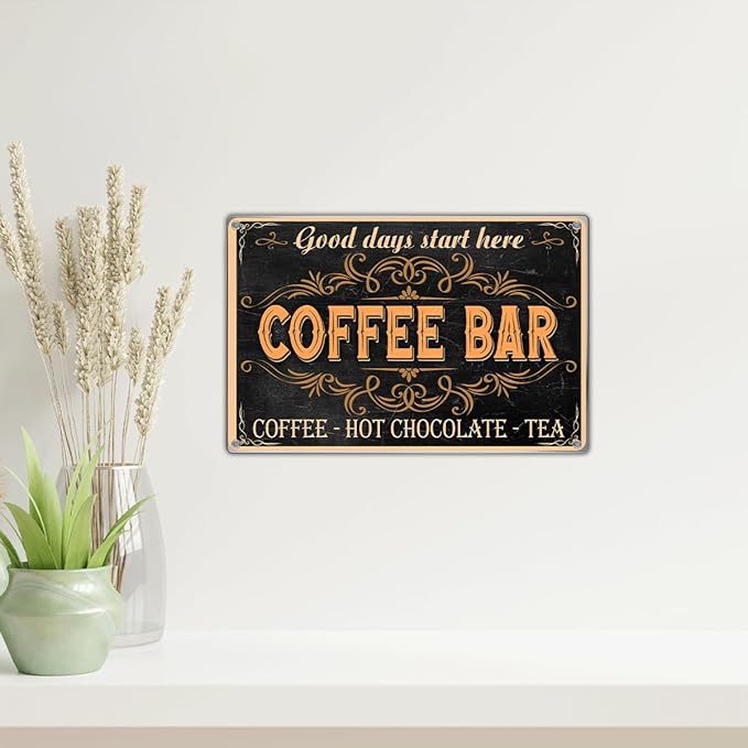 Good Days Start Here Coffee Bar Sign Vintage Metal Wall Decor Plaque For Kitchen Cafe Home Station Hot Chocolate Tea 12 x 8 Inch Aluminum Indoor Art Outdoor