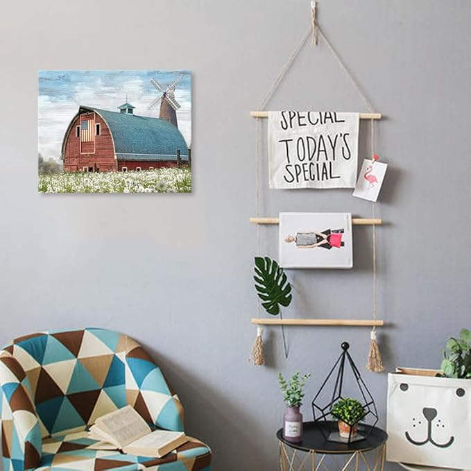 Woxfcart Rustic Red Barn Canvas Wall Art, Farmhouse Artwork with American Flag and Windmill Pictures for Bathroom Bedroom Wall Decoration, 15 x 12 Inch
