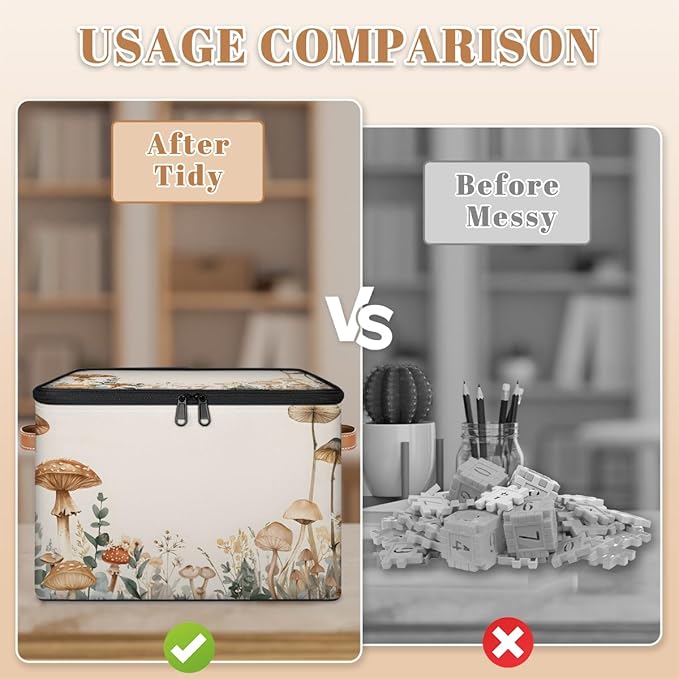 Mushroom Flower Storage Bins With Lids Fabric Collapsible Storage Box with Leather Handles for Home Bedroom Foldable Closet Shelf Organizer