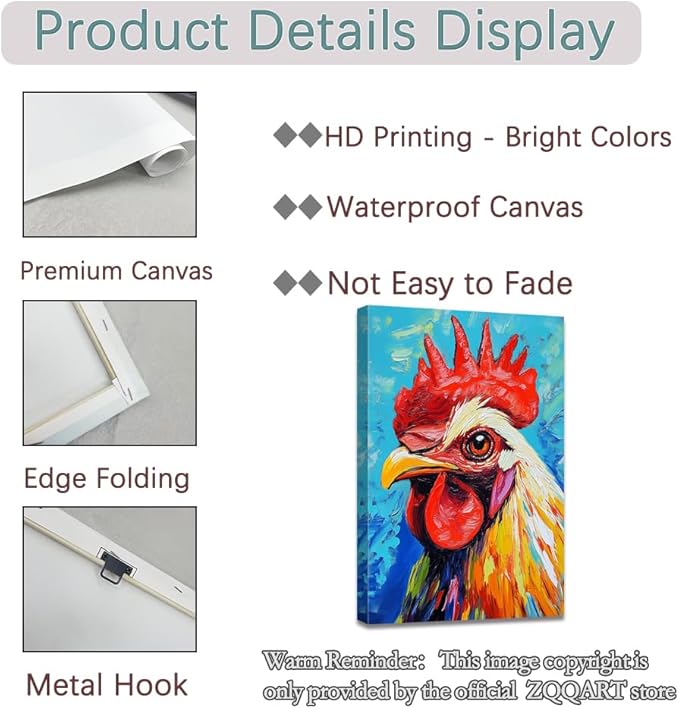 ZQQART Rooster Canvas Wall Art Funny Chicken Portrait Picture Prints Rustic Animal Painting Artwork Farmhouse Kitchen Decor Framed(Red,16.00" x 24.00")